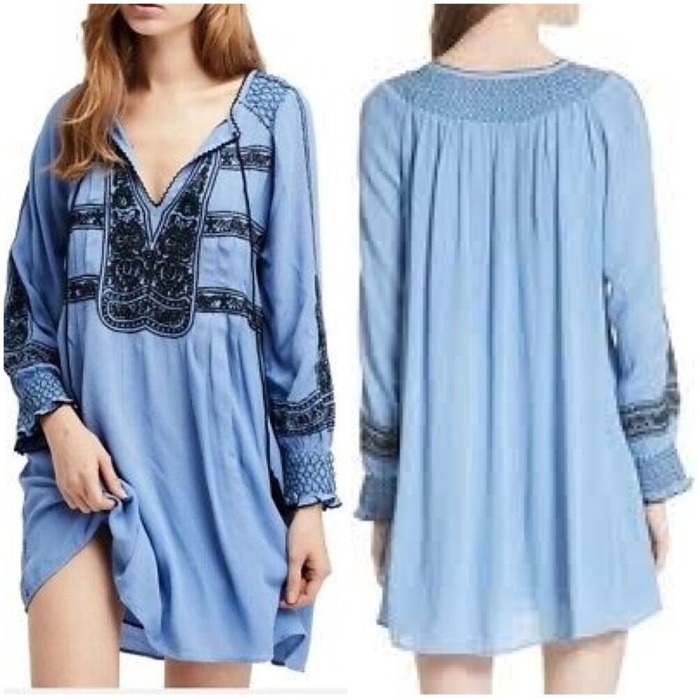 Free People Sz L Wind Willow oversized embroidered shirred mini dress boho blue